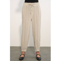 بنطلون نسائي مخطط من الكتان والفسكوز 30102 - أسود Women's Striped Linen Blend Trousers 30102 - Black