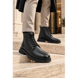 بوت رجالي Muggo DIARA شتوي جلد طبيعي برباط وسحاب - أسود Muggo DIARA Men's Genuine Leather Lace-Up & Zipper Winter Boots - Black