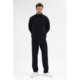طقم تريننج رجالي أسود بجيوب، قطن، قصة مريحة Men's Black Cotton Regular Fit Tracksuit Set with Pockets