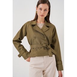 جاكيت ترنش نسائي قصير بحزام 5970 - كاكي Women's Belted Short Trench Coat 5970 - Khaki
