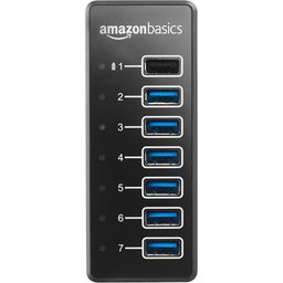 موزع منافذ أمازون بيسكس USB 3.1 بعدد 7 منافذ USB-A وسرعة نقل 5Gbps مع محول طاقة خارجي بقدرة 36 واط Amazon Basics USB-A 3.1 7-Port Powered USB Hub with 36W (12V/3A) Power Adapter – Black, EU