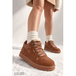 حذاء رياضي نسائي Muggo REXTON شتوي برباط ونعل سميك بتفاصيل فرو - توبا Muggo REXTON Women's Winter Sneaker with Fur Detail, Chunky Sole & Laces - Taba
