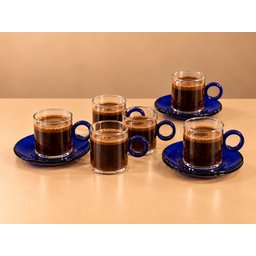 طقم فناجين قهوة زجاجية مع صحون – أزرق ملكي Royal Blue Glass Coffee Cups with Saucers Set