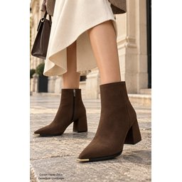 بوت نسائي MUGGO WESTRA بسحاب، مقدمة مدببة، كعب سميك، تفاصيل معدنية - بني سويدي Muggo WESTRA Women's Pointed Toe Ankle Boots with Metal Detail, Chunky Heel & Zipper - Brown Suede