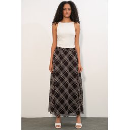 تنورة نسائية مبطنة بنقوش 8075 - بني داكن Women's Patterned Lined Skirt 8075 - Dark Brown