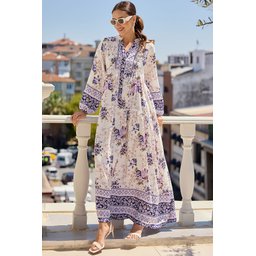 فستان محتشم بنقوش أصيلة 2423 - بنفسجي 2423 Authentic Patterned Modest Dress - Purple