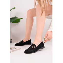 حذاء لوفر نسائي MUGGO TUFT أسود شمواه بتوكة ذهبية وشرابة MUGGO TUFT Black Suede Women's Loafer Shoes with Gold Buckle & Tassel
