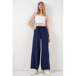 بنطلون نسائي بخصر عالٍ وأرجل واسعة 30097 - كحلي Women's High-Waist Wide-Leg Trousers 30097 - Navy Blue