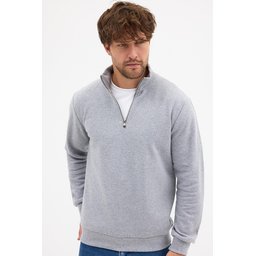سويتشيرت رجالي رمادي بياقة قائمة وسحاب نصفي، قصة عادية من القطن المخلوط Men's Grey Standard Fit Cotton Blend Half-Zip Stand-Up Collar Sweatshirt