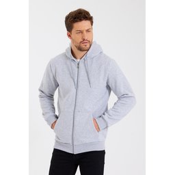 METALIC سترة رجالية بغطاء رأس وسحاب، رمادي، بجيوب كانجارو وبطانة قطنية METALIC Men's Gray Hooded Zipper Cardigan with Kangaroo Pockets and Cotton Lining