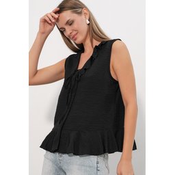 بلوزة نسائية سوداء بياقة V وتفاصيل ربط وكشكشة - 40033 Women's V-Neck Tie Detail Ruffled Blouse 40033 - Black