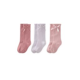 جوارب أطفال قصيرة بثلاث فيونكات - أبيض، بودرة، وردي مجفف (3-10 سنوات) Kids' Triple Bow Ankle Socks - White, Powder, Dried Rose (3-10 Years)