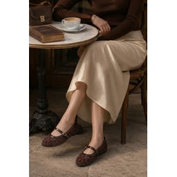 Muggo LACE حذاء باليه نسائي بني بتفاصيل شبكية وخرز - أنيق ومريح Muggo LACE Women's Mesh Detailed Beaded Strap Ballet Flats - Brown