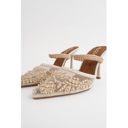 Muggo PEARLY حذاء نسائي بكعب رفيع مدبب وتطريز خرز وشبك - بيج Muggo PEARLY Pointed-Toe Beaded Mesh Stiletto Mules for Women - Nude