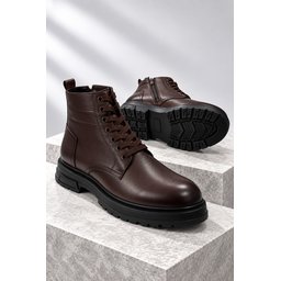 Muggo DİARA حذاء بوت رجالي شتوي يومي جلد طبيعي برباط وسحاب - بني Muggo DİARA Men's Genuine Leather Lace-Up & Zipper Winter Daily Boots - Brown
