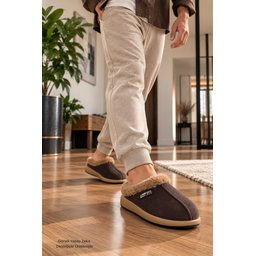 Muggo LAFONT شبشب رجالي شتوي مبطن بالفرو مريح - بني Muggo LAFONT Men's Winter Fur-Lined Comfortable Slippers - Brown