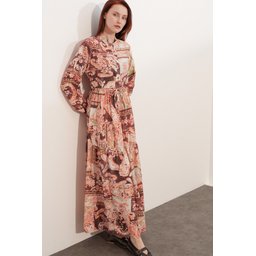 فستان نسائي طويل محتشم بنقشة 2586 - بودرة Women's Patterned Long Modest Dress 2586 - Powder