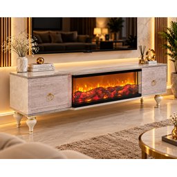 ميز شاشة تركي فاخر باللون البيج الرمادي الرخامي Turkish Luxury Light Greige Marble-Effect TV Stand