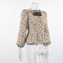 بلوزة جاكار فاخرة بياقة مربعة وأكمام منفوخة French-Style High-End Jacquard Shirt