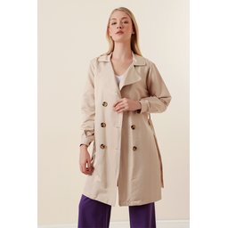 5864 ترنشكوت قصير بياقة متقاطعة - بيج 5864 Crossover Collar Short Trench Coat - Beige