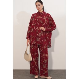 طقم نسائي قطعتين بنقشة قميص وبنطلون واسع - 30098 - خمري Women's Patterned Oversize Shirt & Pants Two-Piece Set - 30098 - Burgundy