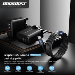 شاحن RR Eclipse G65 Combo بقدرة 65 واط – PD – مع كيبل 1 متر USB-C إلى USB-C – أسود RR Eclipse G65 Combo 65W PD with 1M C to C Cable Black
