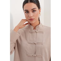 طقم نسائي قطعتين كتان فيسكوز - قميص أوفرسايز وبنطلون - بيج 30126 Women's Oversize Linen Viscose Shirt & Pants Two-Piece Set - Beige 30126