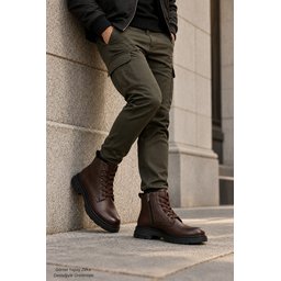 Muggo DİARA حذاء بوت رجالي شتوي يومي جلد طبيعي برباط وسحاب - بني Muggo DİARA Men's Genuine Leather Lace-Up & Zipper Winter Daily Boots - Brown