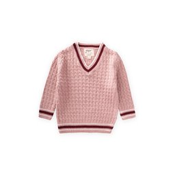 سترة صوفية برقبة V للأطفال بتصميم ضفيرة - وردي بودرة (2-9 سنوات) Kids' Braided V-Neck Sweater - Powder Pink (2-9 Years)