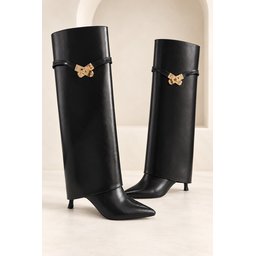 بوت نسائي Muggo ELOISE بسحاب وكعب رفيع مدبب قابل للتحويل - أسود Muggo ELOISE Detachable Gaiter Buckled Zipper Pointed Toe Stiletto Heel Women's Boot - Black