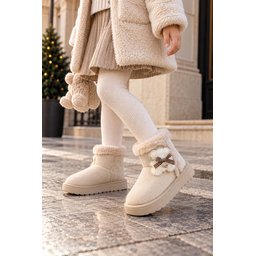 Muggo TOFFE حذاء بوت شتوي بناتي مبطن بالفرو مع فيونكة - بيج Muggo TOFFE Girls' Winter Fur-Lined Boots with Bow Detail - Beige