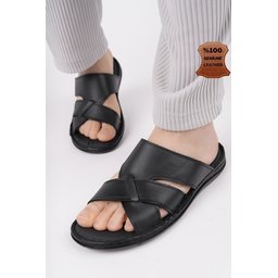 Muggo حذاء رجالي يومي من الجلد الطبيعي مريح ونعل طبي - أسود Muggo Men's Daily Genuine Leather Comfortable Orthopedic Slippers - Black