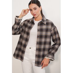 قميص نسائي بتفاصيل تول Oduncu 20410 - بني غامق Women's Tulle Detailed Oduncu Shirt 20410 - Dark Brown