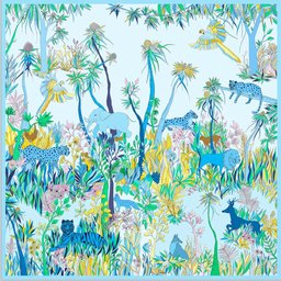 سكارف حريري بتصميم الغابة الزرقاء والحياة البرية Silk Scarf 90 cm