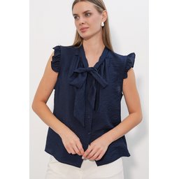 بلوزة نسائية بدون أكمام بربطة عنق 40038 - كحلي Women's Tie-Neck Sleeveless Blouse 40038 - Navy Blue