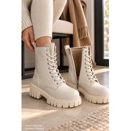 بوت نسائي Muggo CALVENA شتوي مبطن بالفرو بسحاب ونعل سميك مانع للانزلاق - بيج Muggo CALVENA Women's Winter Fur-Lined Boots with Zipper, Chunky Non-Slip Sole - Beige