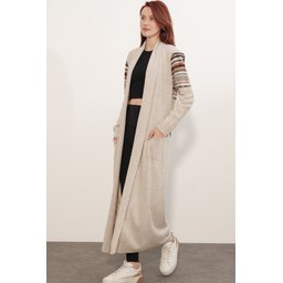 جاكيت صوف طويل 15690 - حجر 15690 Long Knit Cardigan - Stone