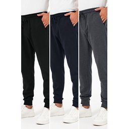 طقم بنطلون رياضي رجالي 3 قطع جوغر سميك أسود-كحلي-فحمي بقصة عادية مع جيوب خلفية Men's 3-Pack Thick Black-Navy-Anthracite Jogger Sweatpants with Back Pockets, Cuffed Hem, Regular Fit