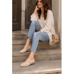 حذاء باليه نسائي Muggo LACE بتفاصيل شبكية وخرز - بيج Muggo LACE Women's Mesh Detailed Beaded Strap Ballet Flats - Beige