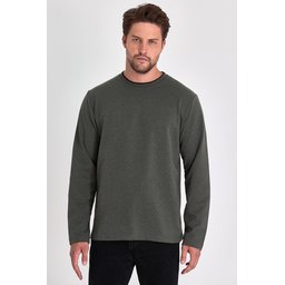 سويت شيرت رجالي خاكي بياقة دائرية مزدوجة وقصة مريحة Men's Khaki Double Crew Neck Standard Relaxed Fit Sweatshirt