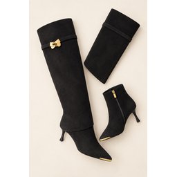 بوت نسائي MUGGO SERENZA بكعب رفيع، قابل للفك، إبزيم ومقدمة معدنية مدببة - بيج سويدي Muggo SERENZA Women's Stiletto Boots with Detachable Cuff, Buckle, Zipper, and Metal-Tipped Pointed Toe - Beige Suede