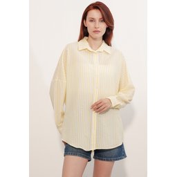 قميص نسائي مخطط واسع 20412 - أصفر Women's Oversize Striped Shirt 20412 - Yellow
