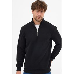 سويتشيرت رجالي أسود بياقة قائمة ونصف سحاب، قصة عادية من القطن المخلوط Men's Black Standard Fit Cotton Blend Half-Zip Stand-Up Collar Sweatshirt