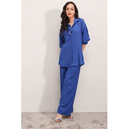 طقم نسائي محبوك قطعتين مقاس كبير - أزرق ملكي 5858 5858 Knitted Oversize Two-Piece Set - Royal Blue