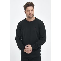 سويت شيرت رجالي أسود بقصة عادية وياقة دائرية وتطريز Men's Black Regular Fit Crew Neck Sweatshirt with Embroidery Detail