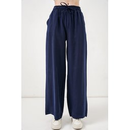 بنطلون نسائي بخصر عالٍ وأرجل واسعة 30097 - كحلي Women's High-Waist Wide-Leg Trousers 30097 - Navy Blue