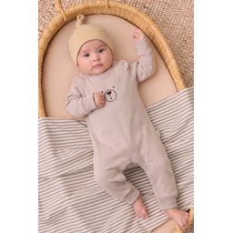 سالوبيت أطفال مطرز بالدب من 0-3 سنوات - لون رملي Baby Bear Embroidered Romper 0-3 Years - Sand Color