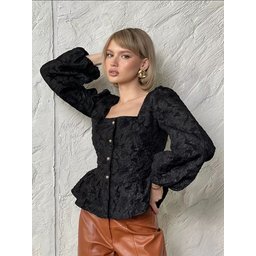 بلوزة جاكار فاخرة بياقة مربعة وأكمام منفوخة French-Style High-End Jacquard Shirt