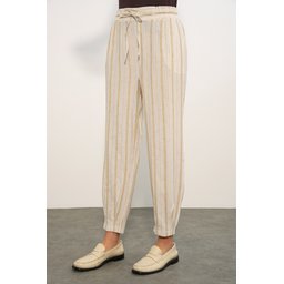 بنطلون نسائي مخطط من الكتان 30102 - بيج Women's Striped Linen Trousers 30102 - Beige