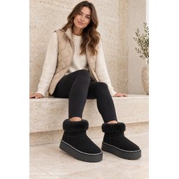 بوت نسائي شتوي يومي Muggo NELİS بفرو داخلي وحول الكاحل - أسود Muggo NELİS Women's Daily Winter Ankle Boots with Inner and Ankle Fur - Black